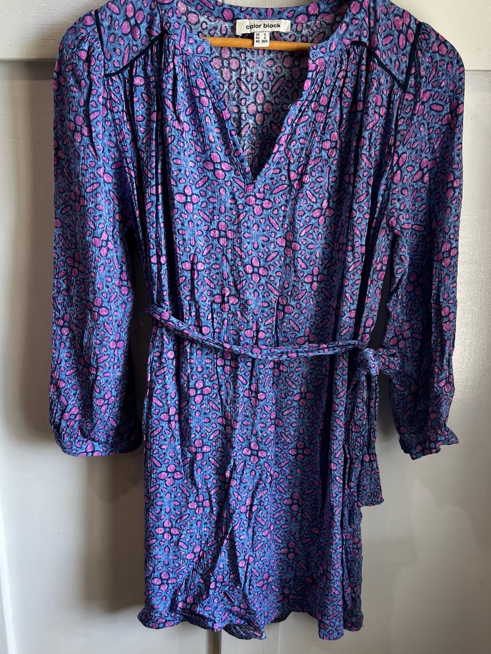 Colorblock Purple & Pink Printed Long-Sleeve Belted Dress Anthropologie